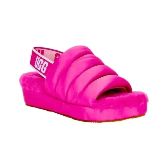 New Ugg Puff Yeah Slingback Fuchsia Satin Puffer Slippers - Picture 1 of 10